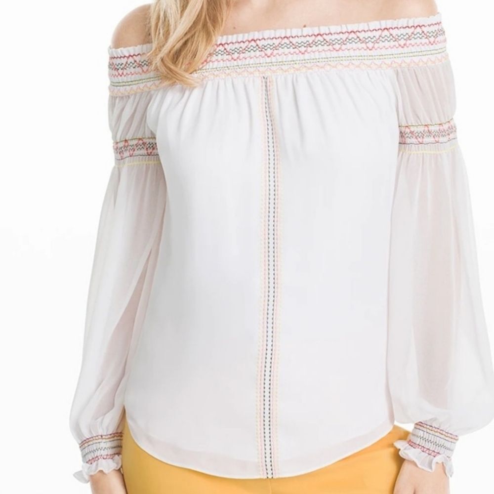 White House Black Market Off-Shoulder Top Hippie Boho Embroidered Top Sz S